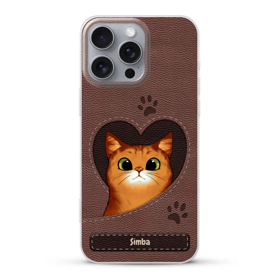 Custodia per il telefono personalizzata - Gatto con cuore aspetto similpelle
