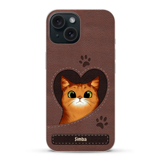 Gatto con cuore aspetto similpelle - Custodia per il telefono personalizzata