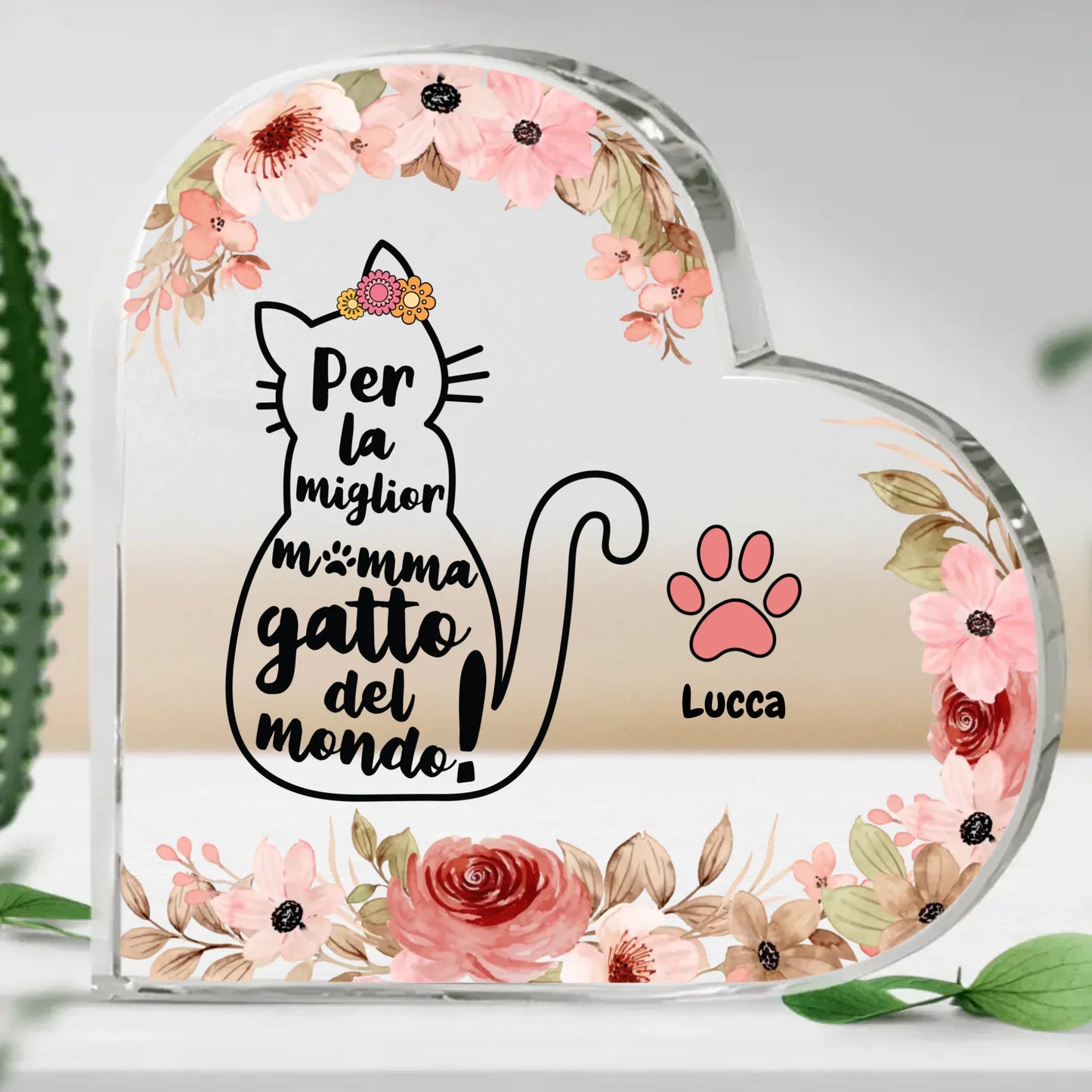 La miglior mamma gatto - Cuore in vetro personalizzato